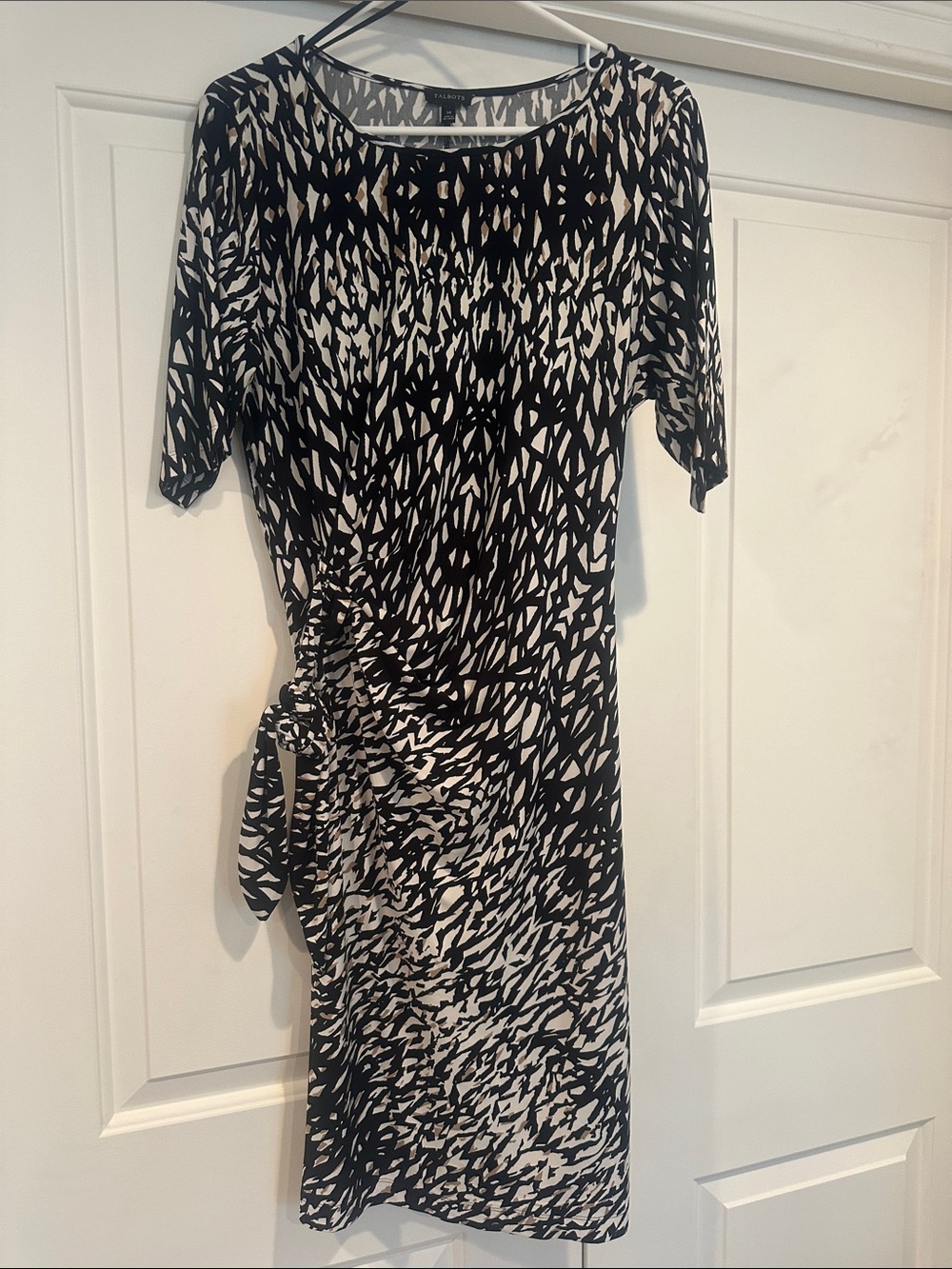 Talbots Black and White Printed Tie-Waist Midi Dress